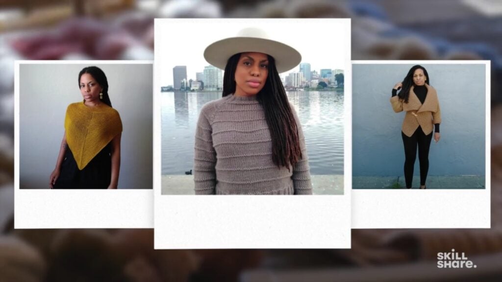 Three images of a woman in different clothing, on the left she wears a short, golden poncho, in the center a wide-brimmed hat and a gray sweater and on the right a camel-colored wrapped sweater with a large collar 