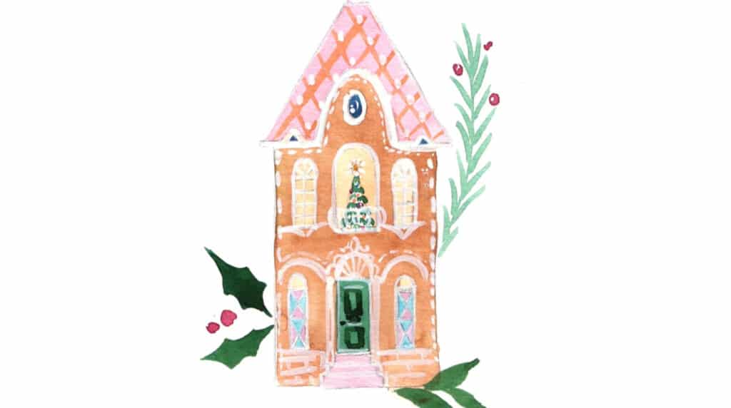 A watercolor painting of a gingerbread house with a pink roof and a Christmas tree visible through one of the upper floor windows. The house is accented by holly leaves, a spring of pine and red berries.