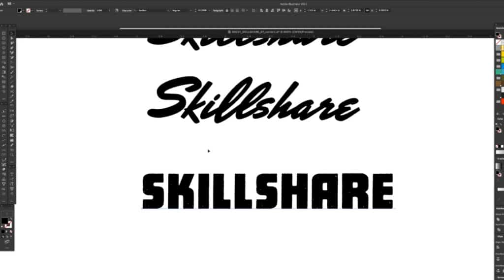 Adobe Illustrator open on a computer. The canvas shows the word ‘Skillshare’ typed multiple times in black text against a white background. The word on top features a handwritten-style cursive font, while the word on the bottom features a sans-serif block-style typeface.