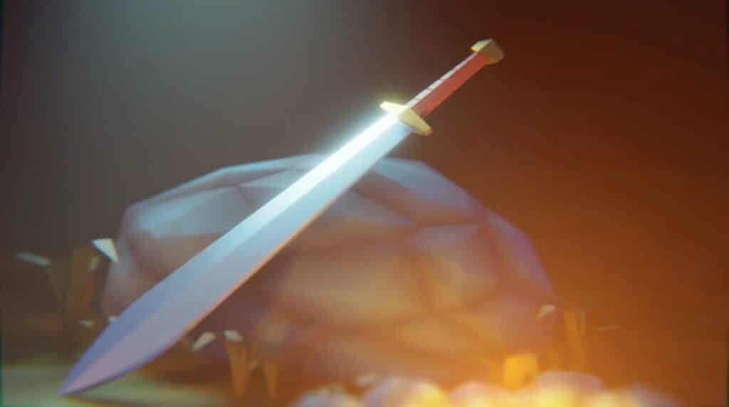 A 3D model of a sword resting on a rock, surrounded by grass and lit by a nearby campfire.