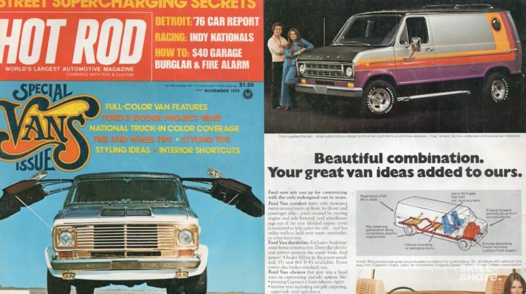 A magazine cover and a full-page advertisement from a 1970s magazine titled ‘Hot Rod.’ The cover on the left side says ‘special vans issue’ and depicts a photo of a van in front of a blue sky, while the advertisement on the right shows a photo of a couple leaning up against a gray van decorated with purple and orange stripes. 
