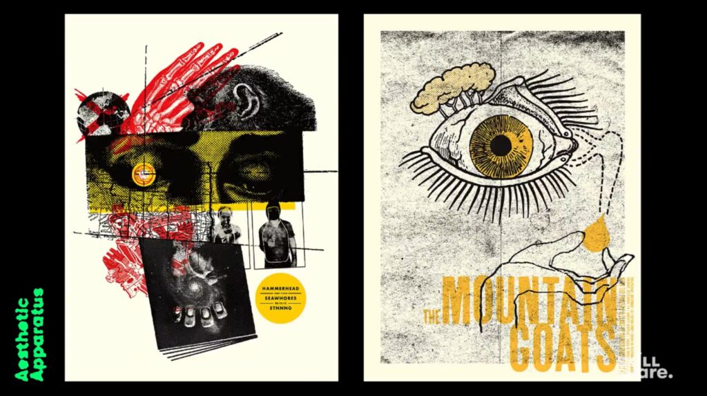 Two posters arranged side-by-side against a black background. Both are created by the design studio Aesthetic apparatus. The poster on the right reads ‘the mountain goats’ in yellow text and features a pen illustration of a human eye with a yellow iris. The poster on the left features a collage of black and white images accented by red and yellow pops of color, with some of the images including ones of a chimpanzee’s head, human eyes, a person’s hand holding a galaxy and more. 