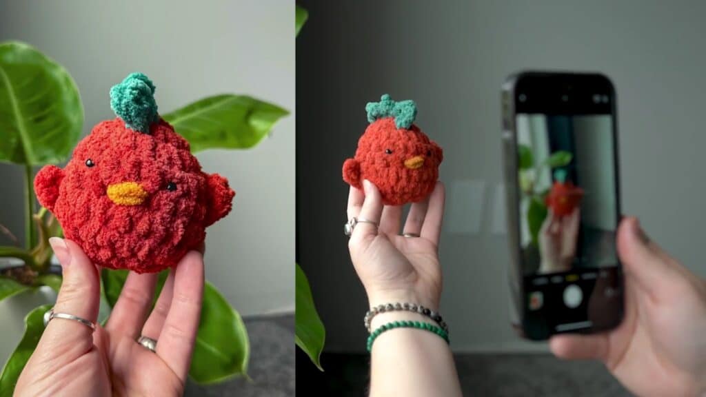 Two images, the one on the left a close up picture of a hand holding a crocheted red chic with a blue comb, the one on the right the same stuffed chick in the same hand, but from further back so you can see the phone taking a picture  