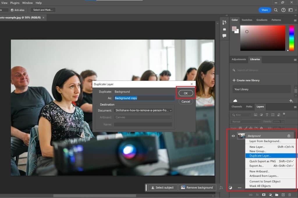 The lecture image is open in Photoshop. Red rectangles indicate where to access the Layers panel, duplicate the background layer and name it.