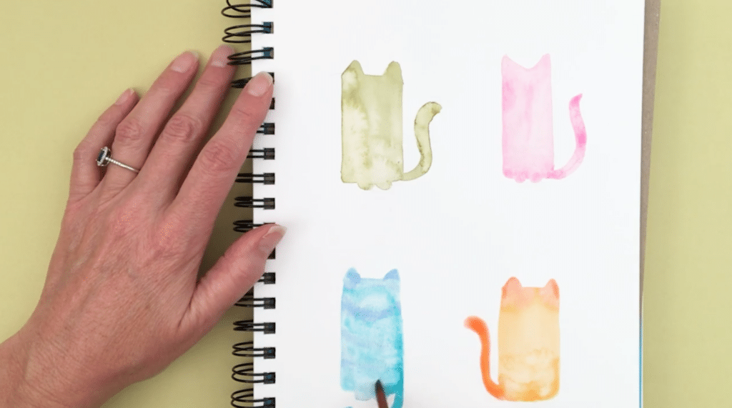 A notebook sits on a green background. It is open to a white page featuring four cat shaped watercolor figures. One is green, another pink, the third blue and the last one orange. One hand sits to the left side of the notebook.