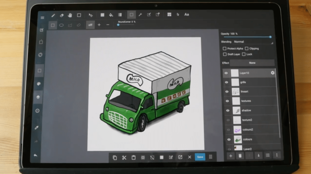 A digital tablet sits on a wooden table. It's open to the Medibang Paint app. The canvas features an illustration of a box truck with a green cab with “Milo” written on the side.
