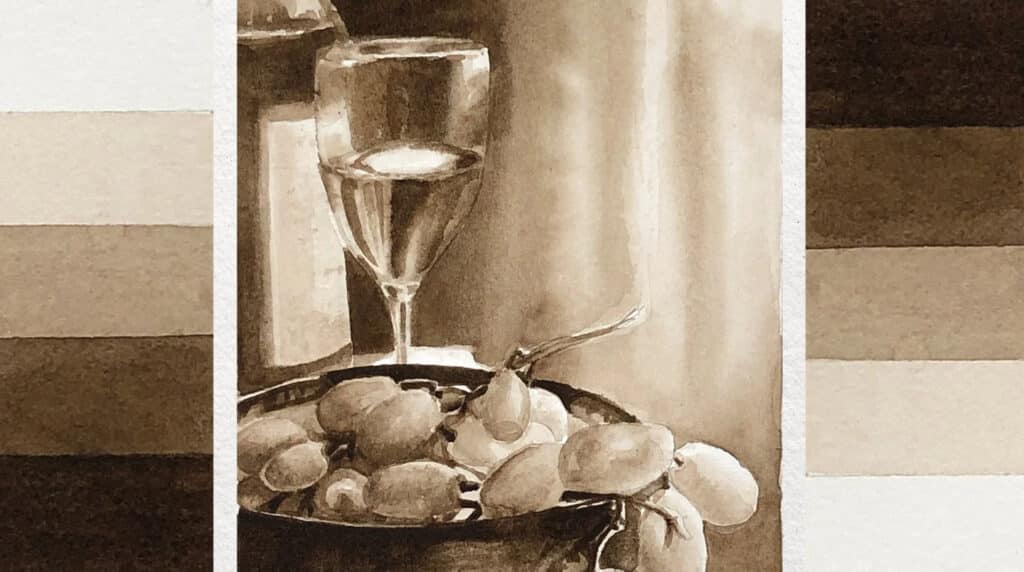 A monochrome painting of a bowl of grapes sitting in front of a glass of wine. The painting was created using only one shade of watercolor paint.