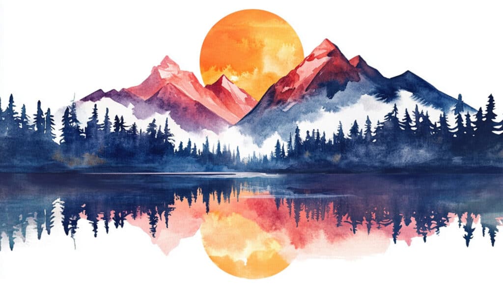 A watercolor painting of the sun setting over a pine forest and snow-capped mountains. The foreground shows a lake, which is reflecting a mirror image of the scene.