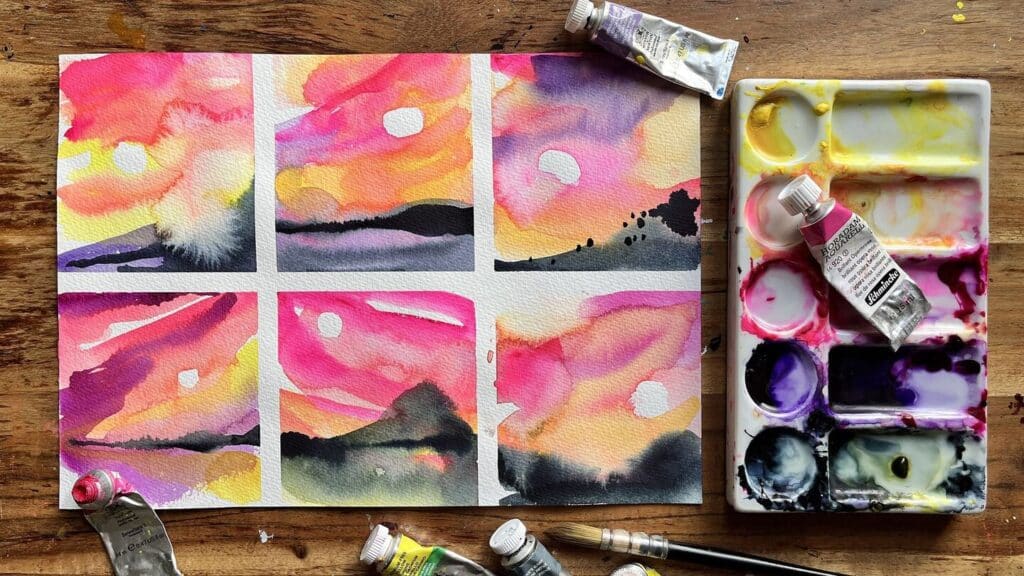 A piece of white paper painted with six separate sunset scenes, each of which is painted in tones of bright pink, orange, black and yellow.