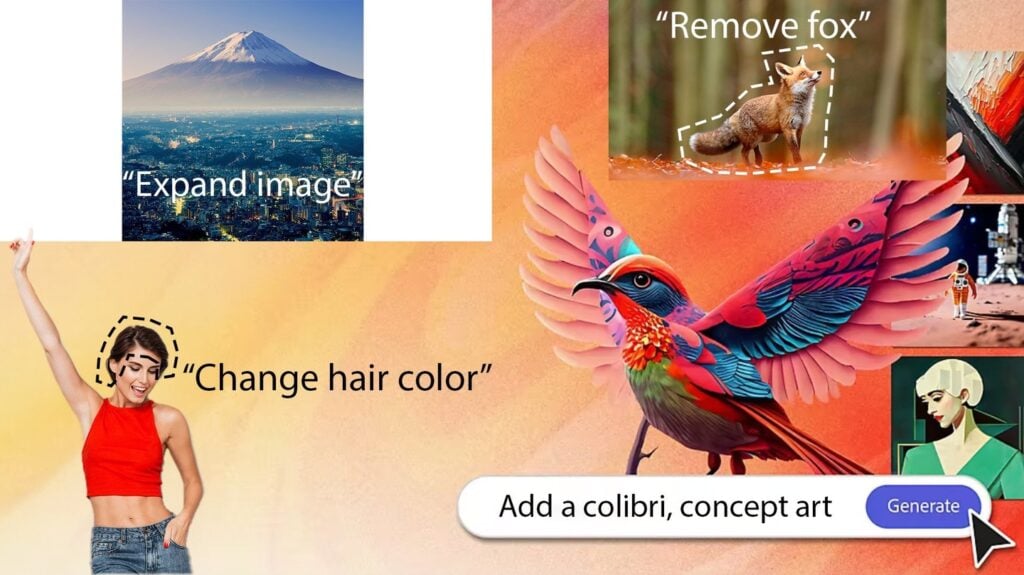 A collage of various images and subjects, including a photo of Mount Fuji, a red fox, a posing woman and a soaring bird. Each image or subject is accompanied by a command such as ‘expand image,’ ‘remove fox’ or ‘change hair color.’