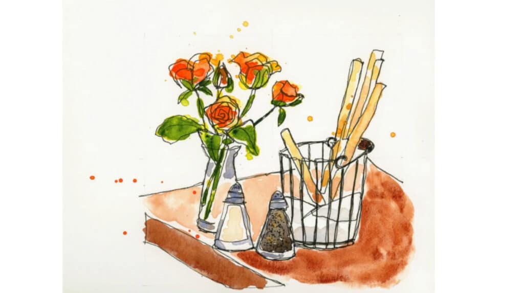 A watercolor painting of a bouquet of flowers, salt and pepper shakers and a bread basket sitting on a red tabletop.