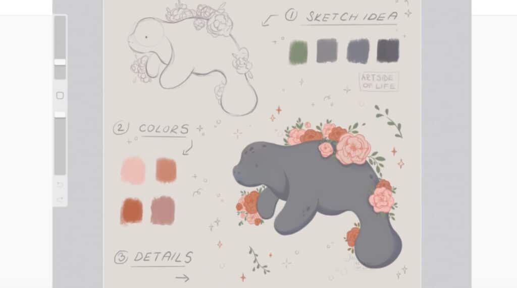 A digital illustration of a gray manatee surrounded by pink flowers, green leaves and delicate sparkles. 