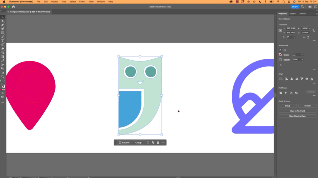 Adobe Illustrator is open to a work area with a white background. The work area features three icons. The first icon is a pink map pin. The middle icon is a simplistic owl. The third icon is cut-off halfway and features a simplistic mountain and sky. Beneath the owl is a Contextual Task Bar menu, which has a few options like a “Group” button and a lock.