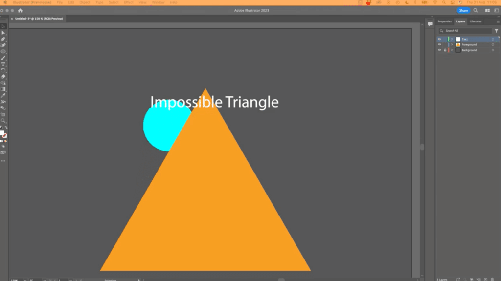 Adobe Illustrator is open to a canvas with a transparent background. The canvas features a large orange triangle in front of a small teal circle. The words “Impossible Triangle” sit over the triangle and circle. To the right of the canvas, the layers panel is open. The text, triangles and background each have their own layers.