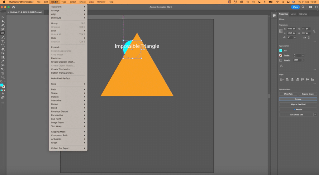 Adobe Illustrator is open to a work area with a transparent background. The work area features a large orange triangle in front of a small teal circle. The words “Impossible Triangle” sit over the triangle and circle. The “Object” dropdown menu is open and features multiple options including “Group,” which is the fifth option.