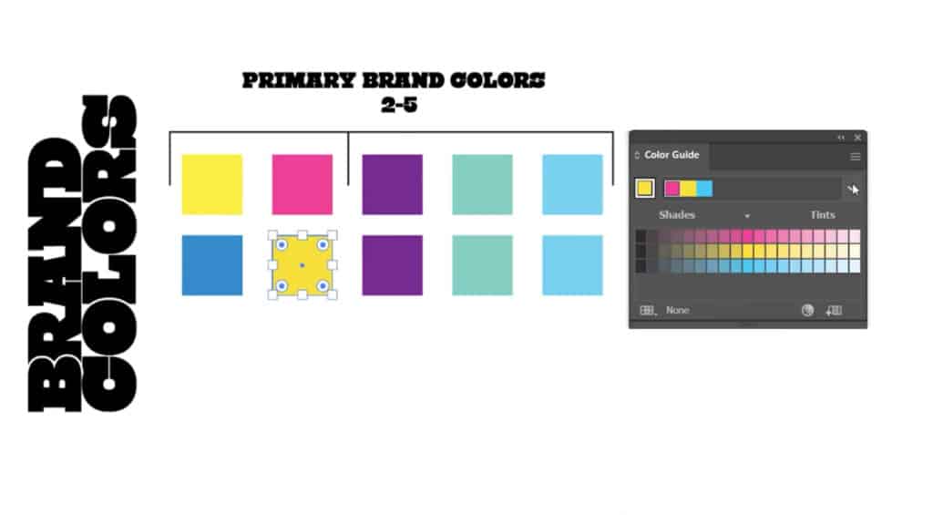 Ten brightly-colored squares of color arranged into five columns in Adobe Illustrator. To the left of the squares is bold black text that reads ‘brand colors.’ The user is using Illustrator’s built-in tools to tweak the color of a bright yellow square. 