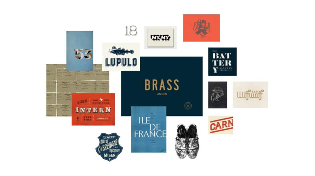 A mood board consisting of 15 images against a white background. Many of the images feature vintage-style hand-drawn typography. The colors blue, red and champagne are prominently featured in multiple images. 