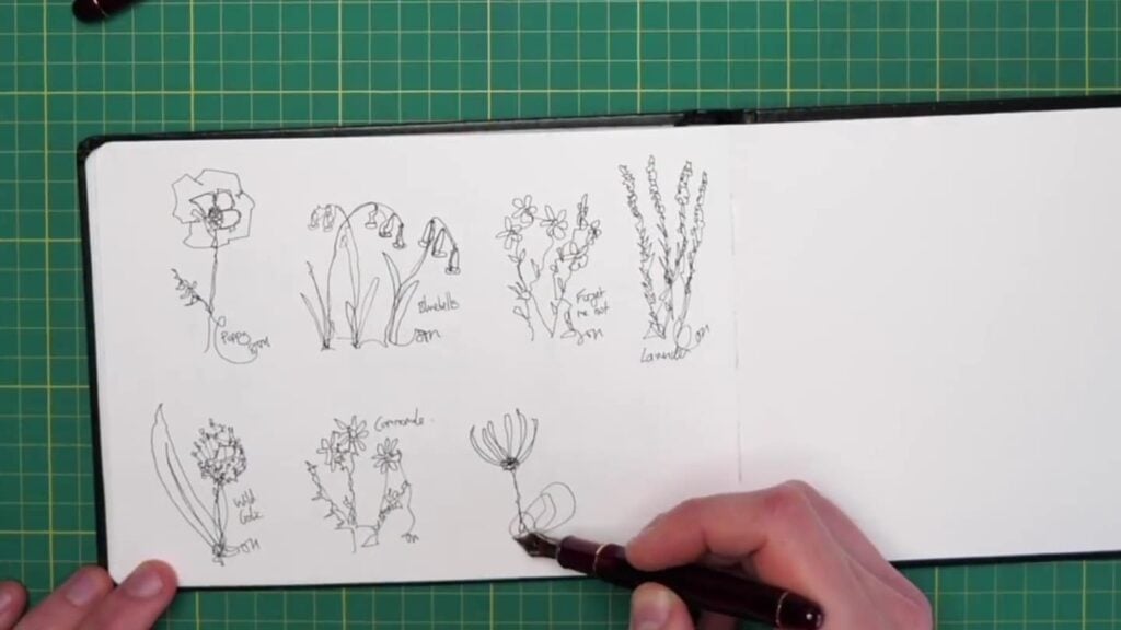 Open sketchbook on a green gridded work surface, with artists’ hands drawing a variety of flowers, each using one, continuous line in ink