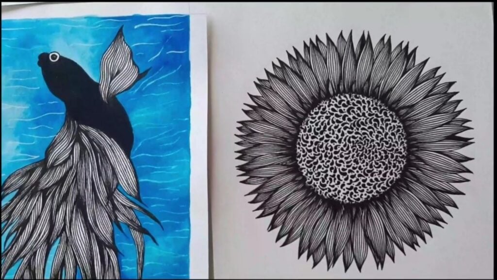Two black and white ink line drawings, on the left, a fish with flowing fins surrounded by blue waves; on the right, a sunflower in full bloom