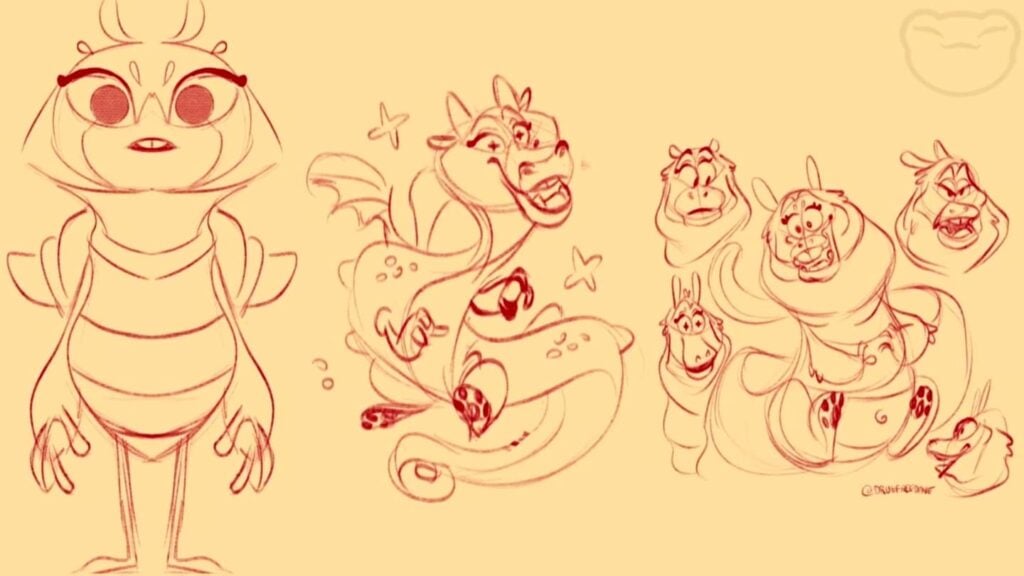 Several outlined cartoon-like characters, including an insect, a dragon and other fantastic creatures, all in red against a pinkish-sepia toned background