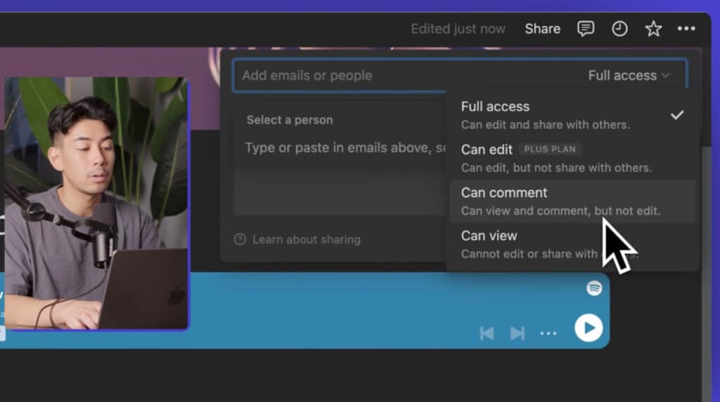 The productivity tool Notion open on a computer. The user has clicked the ‘share’ button and is mousing over options like ‘full access,’ ‘can edit,’ ‘can comment’ and ‘can view.’ An image of the Skillshare teacher controlling the software is superimposed over the view of Notion. 