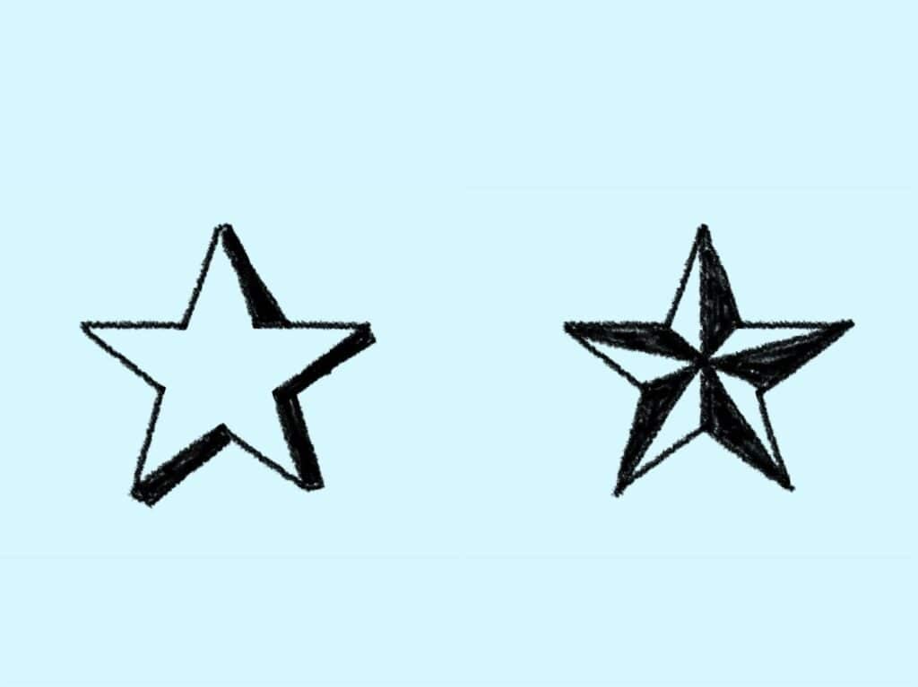 Two hand-sketched stars sit on a light blue background. The left star has black shadows on its right side to mimic a 3D look. The right star also has a 3D look. It has been split into ten triangular sections and every other section has been filled in black. It looks like a nautical star.