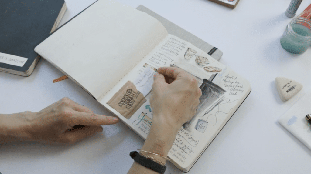 A sketchbook open to a daily illustrated journal entry featuring interactive elements from the day such as what the artist ate, drank, and experienced.