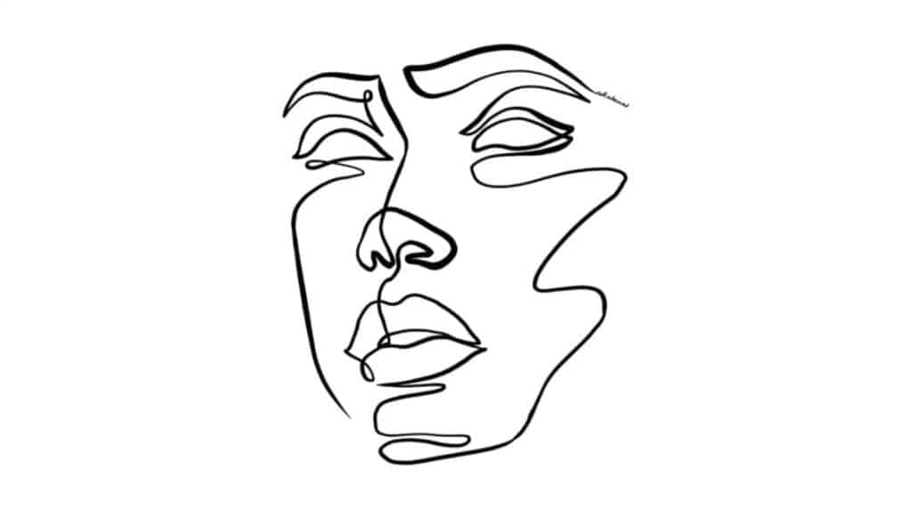 A minimalist portrait of a woman’s face depicted in black lines against a white background. Only the outlines of the woman’s major facial features are shown, such as her eyes, eyebrows, nose and lips. 