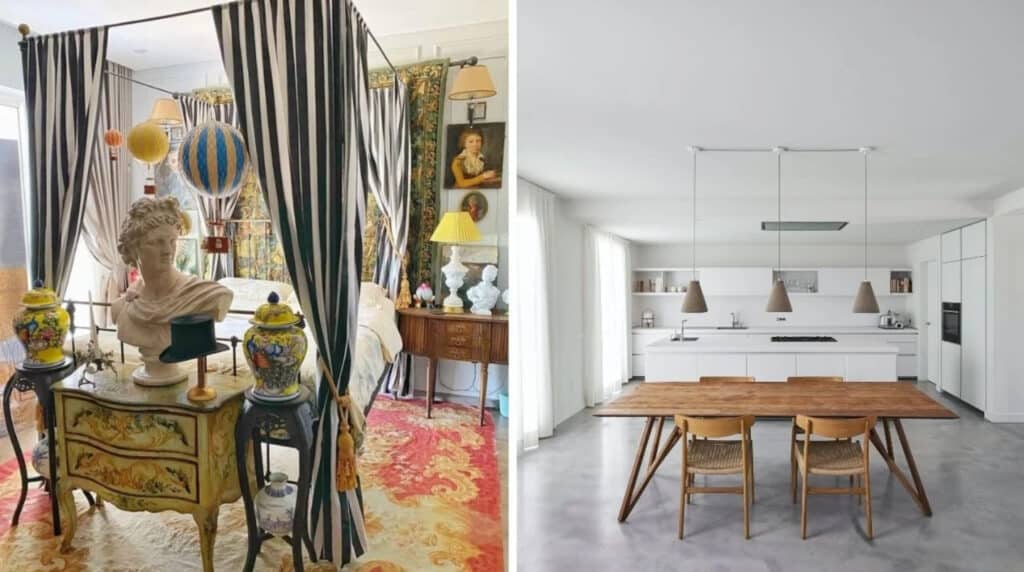 Two images arranged side-by-side. The photo on the left shows an opulent bedroom that’s decorated with ornate furniture, a marble bust, intricate vases, a brightly colored rug and a black and white striped canopy hanging above the bed. The photo on the right shows a large but simple kitchen with all-white cabinetry, all-white walls, concrete flooring and a simple wooden table. 