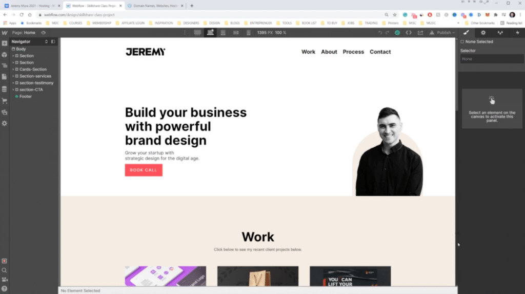 The Webflow website builder is open to a portfolio. The top part of the portfolio features the person’s name, Jeremy, and links to his “Work,” “About,” “Process” and “Contact” pages. The home page includes a photo of Jeremy and an introduction to his strategic design business.