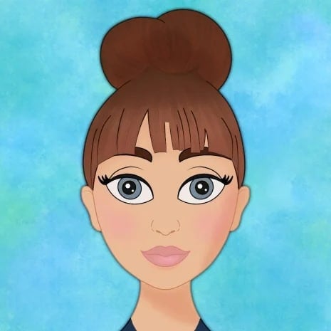 Illustration of a woman with brown hair pulled into a bun and large blue eyes, drawn on a light blue background