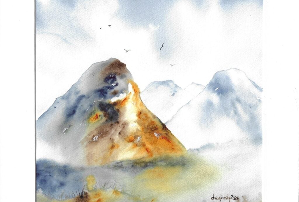 Watercolor landscape painting of a mountain range with cloudy skies and birds flying in the distance