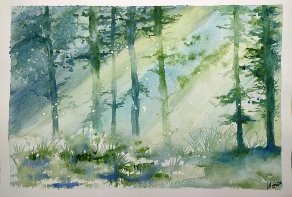 Watercolor painting of tall green trees with streaming yellow light falling softly around