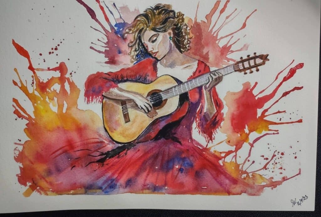 Watercolor painting of a woman wearing a dress of vibrants pinks, purples, and oranges, while looking down and strumming a guitar