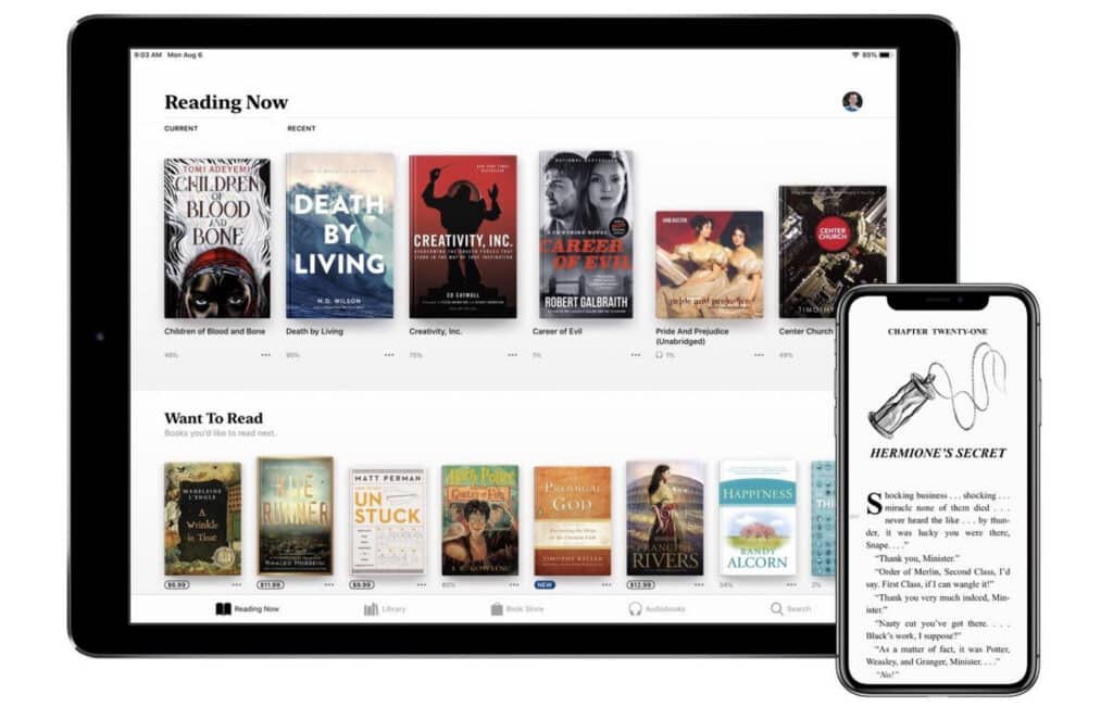 The Apple Books app open on an iPad. It features a stark white background, above which the user’s collection of books is hovering with their covers facing outward. Each book’s title is also written out in plain text below the image of its cover.