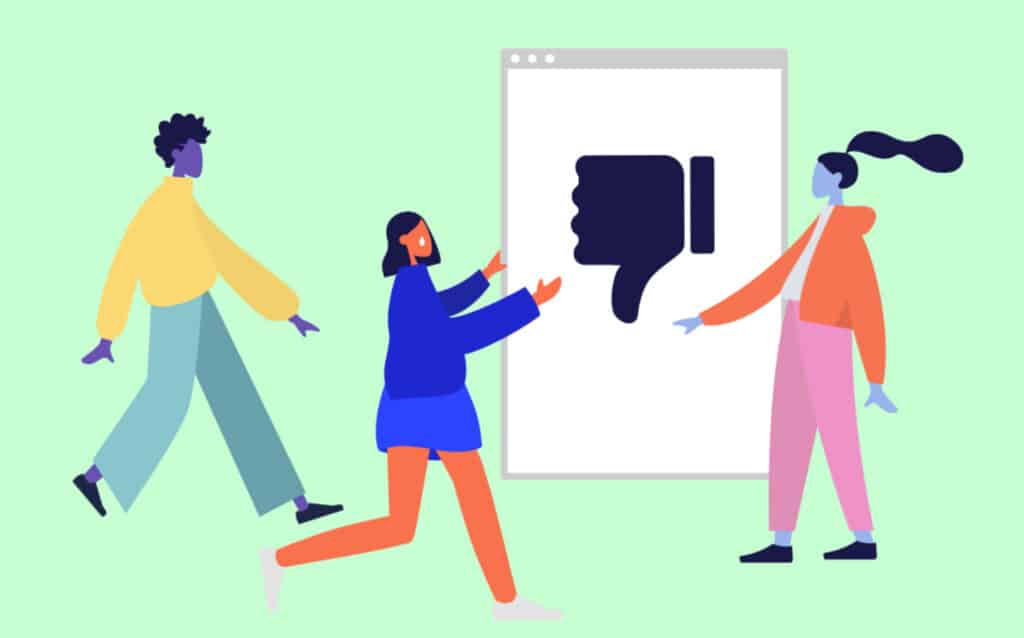 An illustration of three people against a green background, all standing around a computer window. The characters are drawn using the Corporate Memphis style, and they have blue, orange and purple skin tones. 