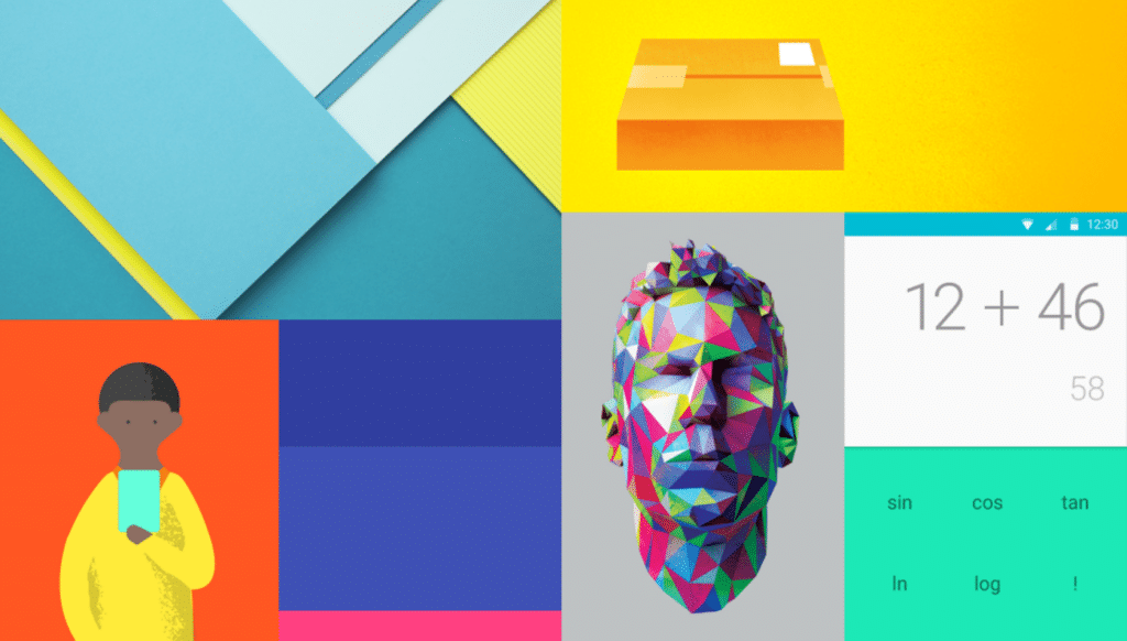 A collection of images that represent Google’s Material Design. They include a minimalist calculator with white and teal colors, a 2D illustration of a person holding a smartphone and abstract geometric shapes. 