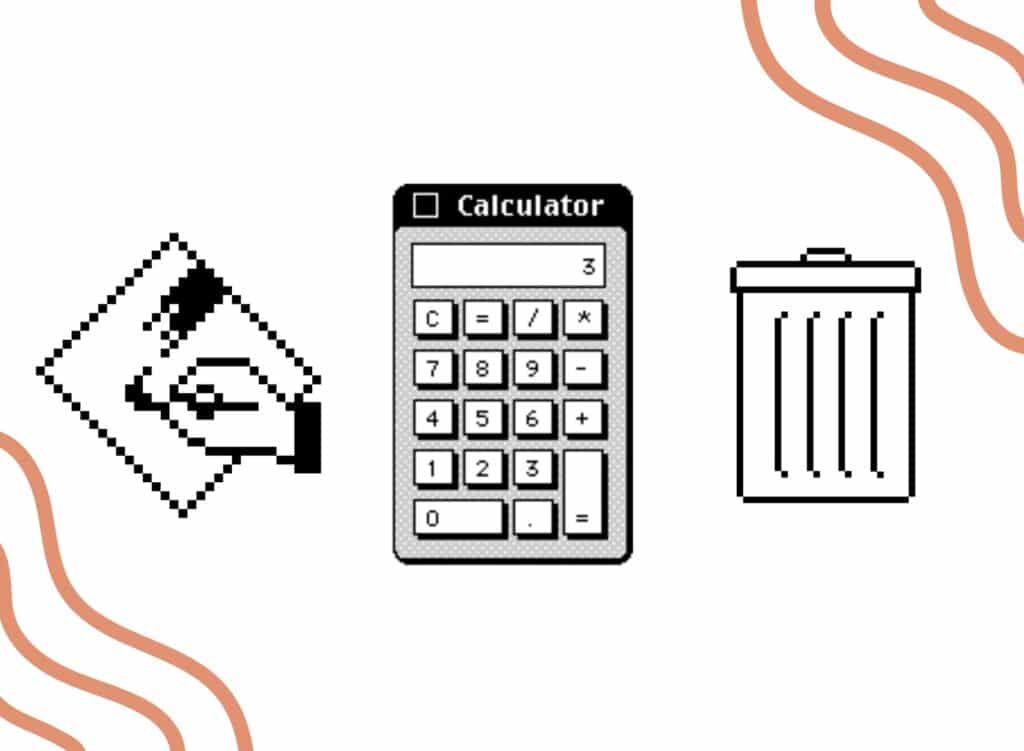 Three grayscale pixelated logos on a white background. In the middle is one which resembles a physical calculator. On the left is one which resembles a hand painting a square canvas with a paintbrush. On the right is one which resembles a metal trash can. 
