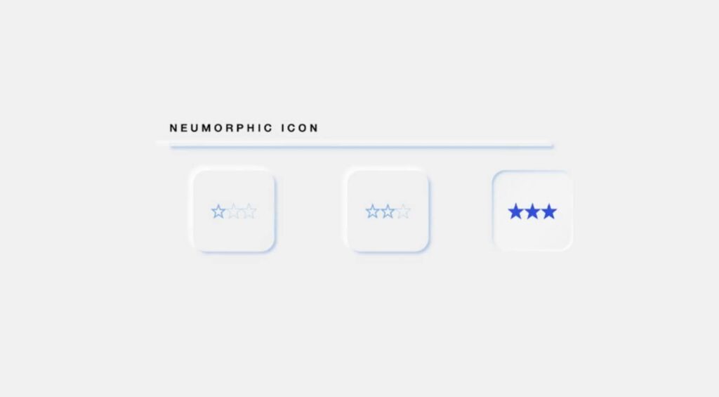 Three icons in a row. Each icon contains three stars; in some the stars are filled in, while in others they’re hollow. The two on the left appear to be raised from the background, while the one on the right appears to be recessed. 