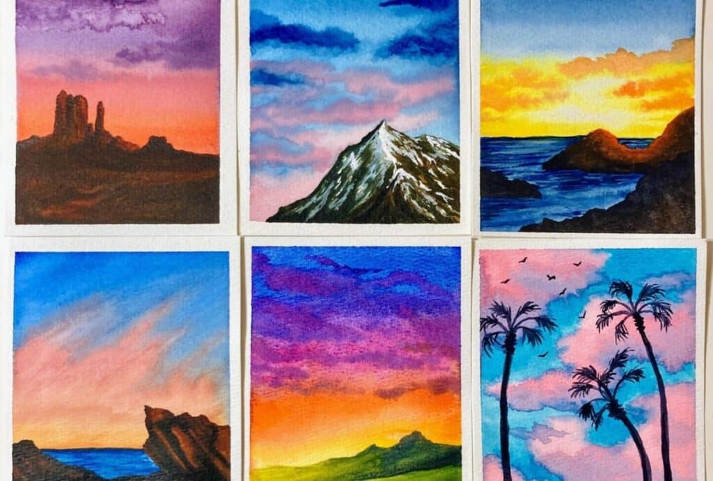 Six square watercolor paintings laid out in a 3 x 2 grid. They depict scenes like desert rocks under a setting sun, a snowy mountain in front of a pink and purple sky and silhouetted palm trees under pink and blue clouds.