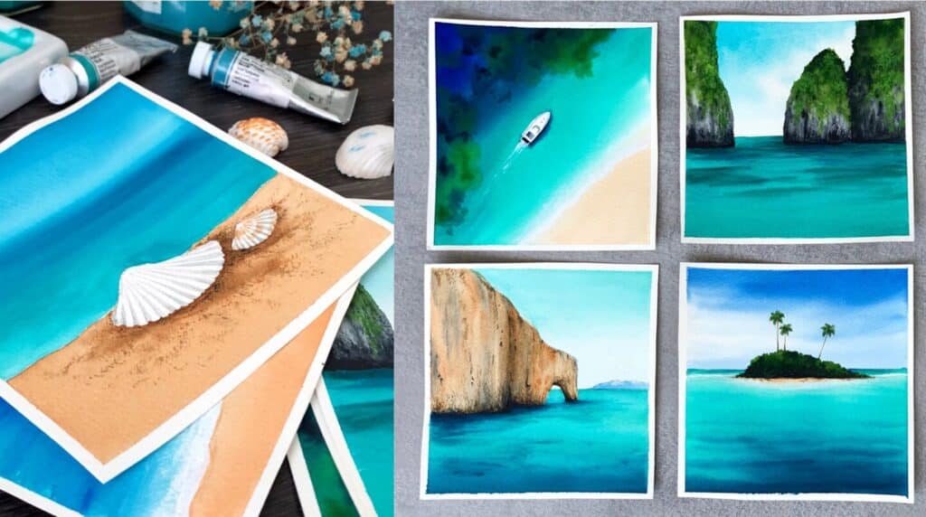 Two photos arranged side by side. The one on the left is a close-up of a watercolor painting that depicts white seashells resting on brown sand in front of a bright blue ocean. The one on the right shows four similar watercolor paintings, each of which shares the theme of a bright blue ocean.