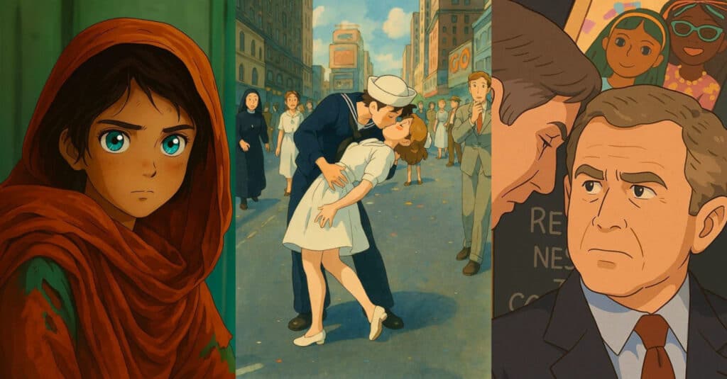 Three Studio Ghibli-style versions of famous photos arranged side-by-side. The one on the left is based on the photo ‘Afghan Girl’ seen on the June 1985 cover of National Geographic. The one in the middle is based on the photo ‘V-J Day Times Square’ in which a sailor is seen kissing a woman in a white dress to celebrate the end of World War II. The one on the right is based on a photo of President George W. Bush receiving the news of the September 11, 2001 terrorist attacks.