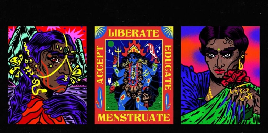 Three colorful illustrations blending portrait and illustration styles, featuring Indian and Hindu feminine imagery in bold reds, purples, blacks, yellows, blues and greens