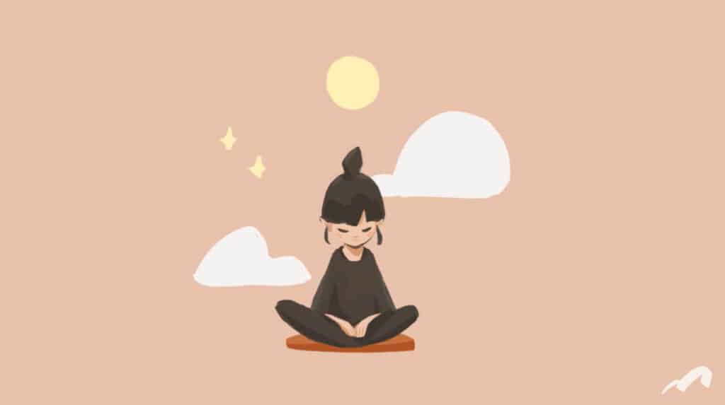 A digital painting of a woman in an all-black outfit meditating in a cross-legged pose on an orange cushion. The background is a peachy pink color. Around the woman’s head are white clouds, stars and a full moon.