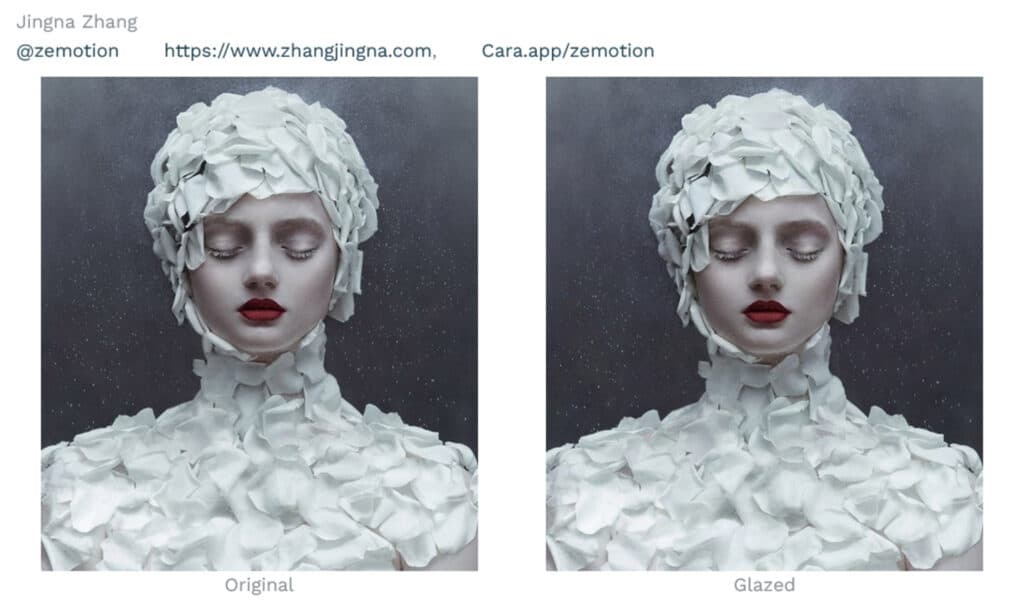 Two seemingly identical images arranged side-by-side. Each one depicts the same photo of a woman covered in white rose petals and wearing red lipstick. The one on the left is the original, and the one on the right has been ‘glazed’ with the University of Chicago’s anti-AI tool, Glaze.