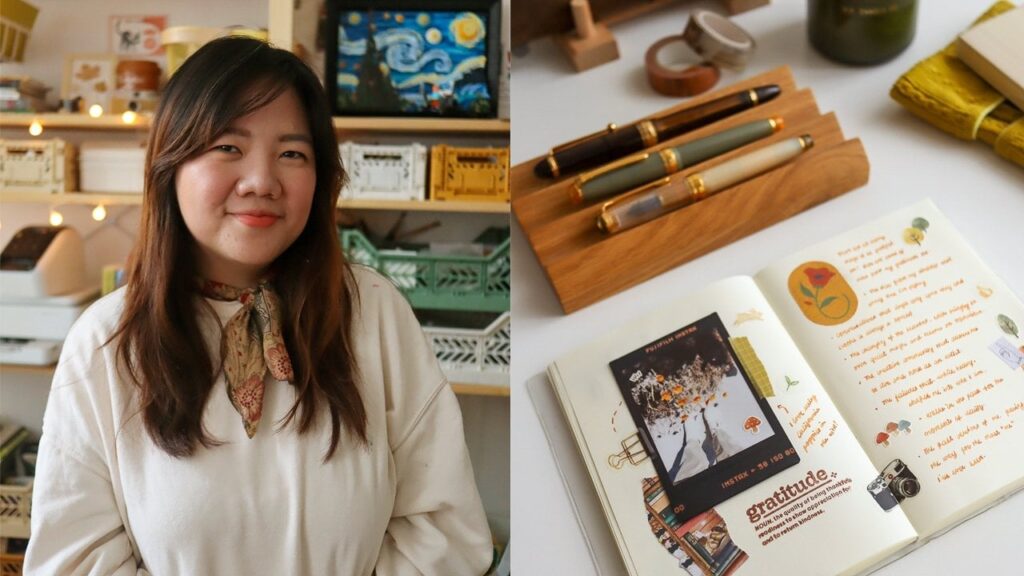 Side by side photos of a woman smiling at the camera, and an open page of a journal with pens and other art supplies visible in the frame