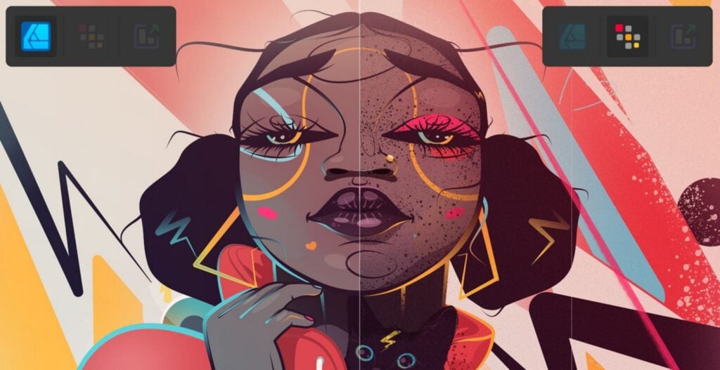 A graphic illustration of a woman against a colorful background. On the left half, the Designer Persona button is clicked, and the illustration features smooth vector lines. On the right half, the Pixel Persona button is clicked, and the vector illustration has been decorated with organic-looking brush marks and strokes. 