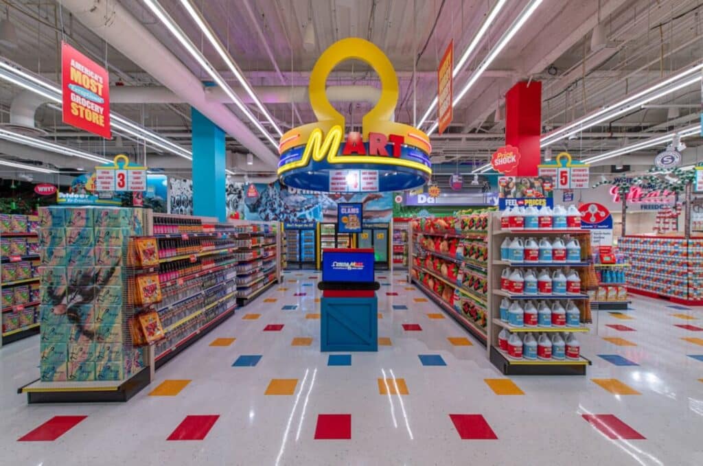 A photograph of Meow Wolf’s Omega Mart exhibit in Las Vegas. It looks like a normal grocery store from a distance, with well-stocked aisles and freshly waxed linoleum floors.