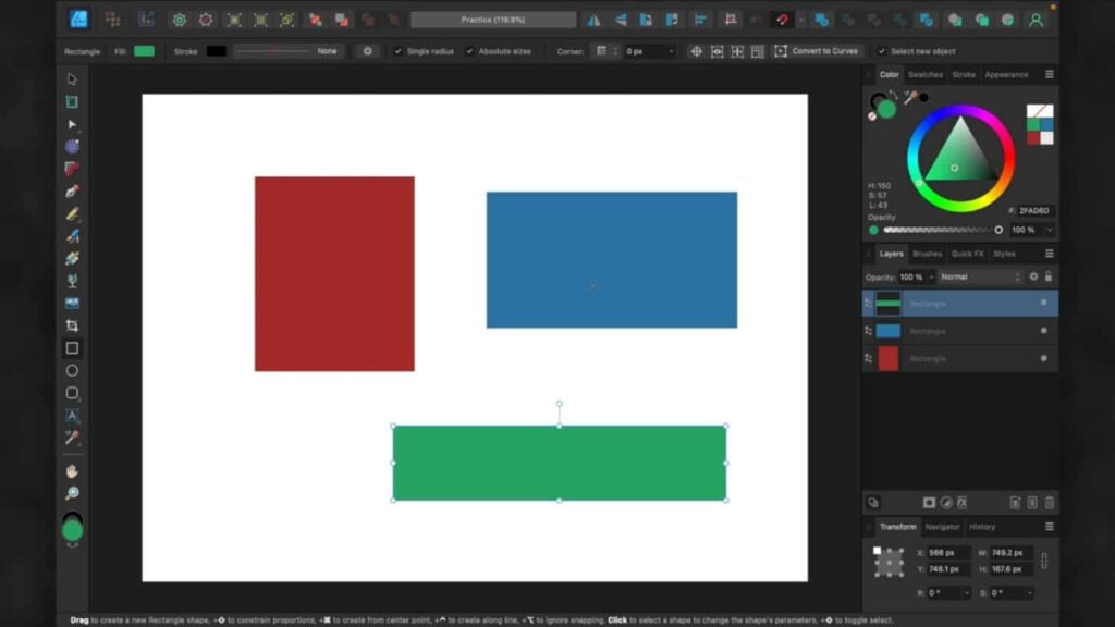 Affinity Designer 2 open on a computer. The main canvas workspace is filled with three rectangles, one red, one blue and one green. 