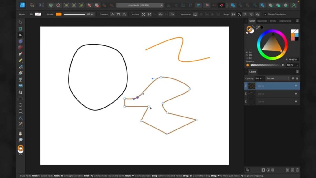 Affinity Designer open on a computer. The main canvas workspace is filled with three squiggly doodles. 